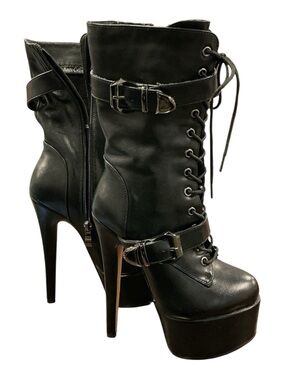 Black Lace-Up Platform Stiletto Boots